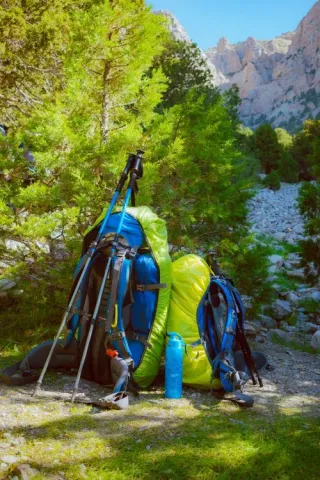 rucksack and walking sticks