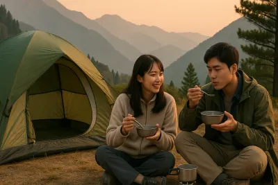 Young Japanese couple bivouacking in the mountains at sunrise, sharing a meal in front of their tent, golden light and peaceful atmosphere.