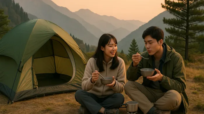 Couple de jeunes Japonais en bivouac dans les montagnes au lever du jour, partageant un repas devant leur tente, lumière dorée et ambiance paisible.