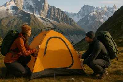 Couple de randonneurs installant leur tente pour la nuit dans un paysage de montagne