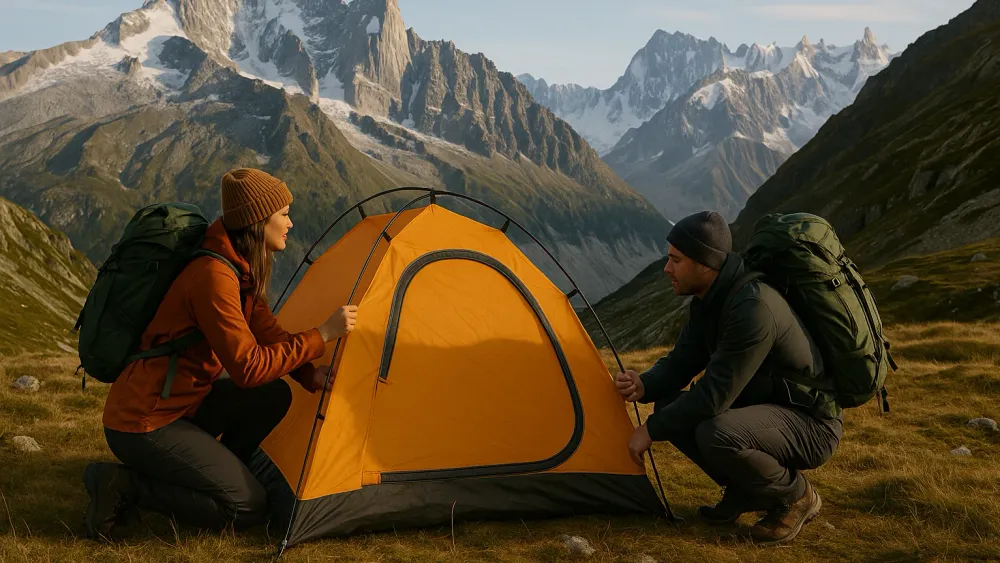Couple of hikers setting up their tent for the night in a mountain landscape