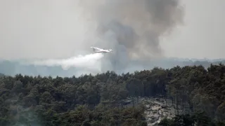 Water bomber dropping water over the Faisanderie fire in the Forest of Fontainebleau, July 2026