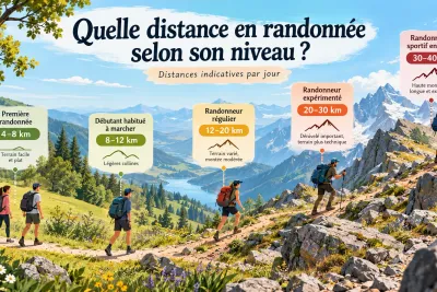 Illustration of hiking distances across five skill levels, from 4 to 8 km for beginners to 30 to 40 km for trained hikers, on trails of increasing difficulty.
