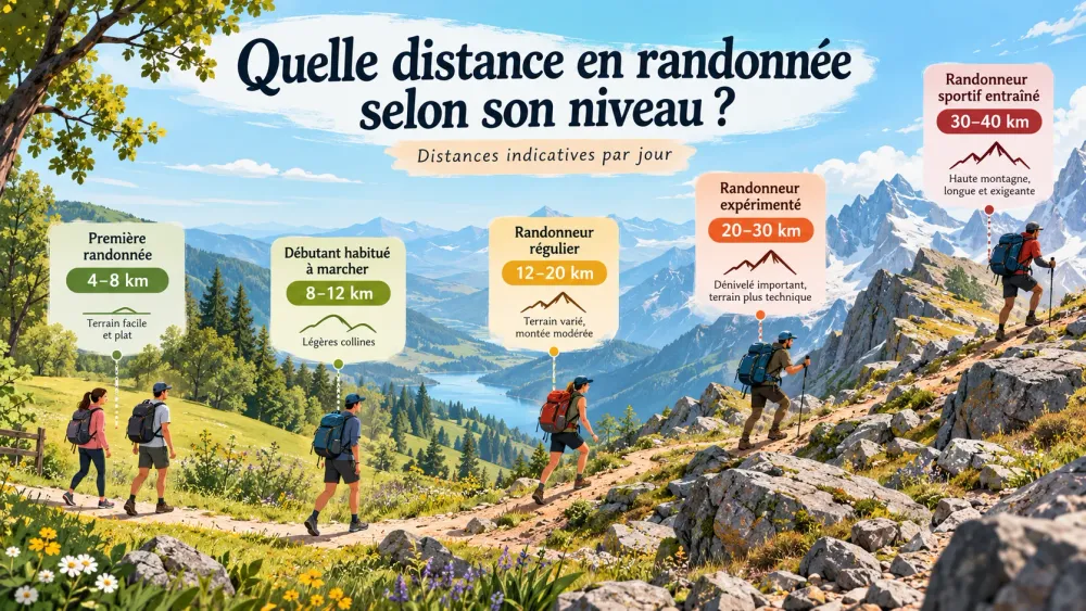 Illustration of hiking distances across five skill levels, from 4 to 8 km for beginners to 30 to 40 km for trained hikers, on trails of increasing difficulty.