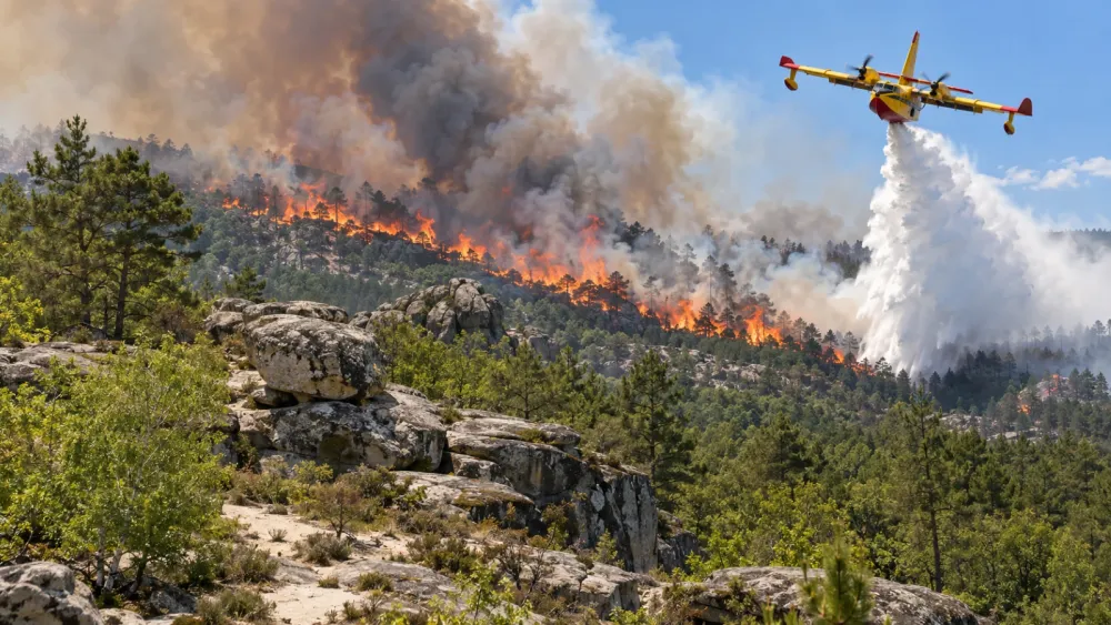 Water bomber dropping water on a pine forest fire, with sandstone boulders in the foreground